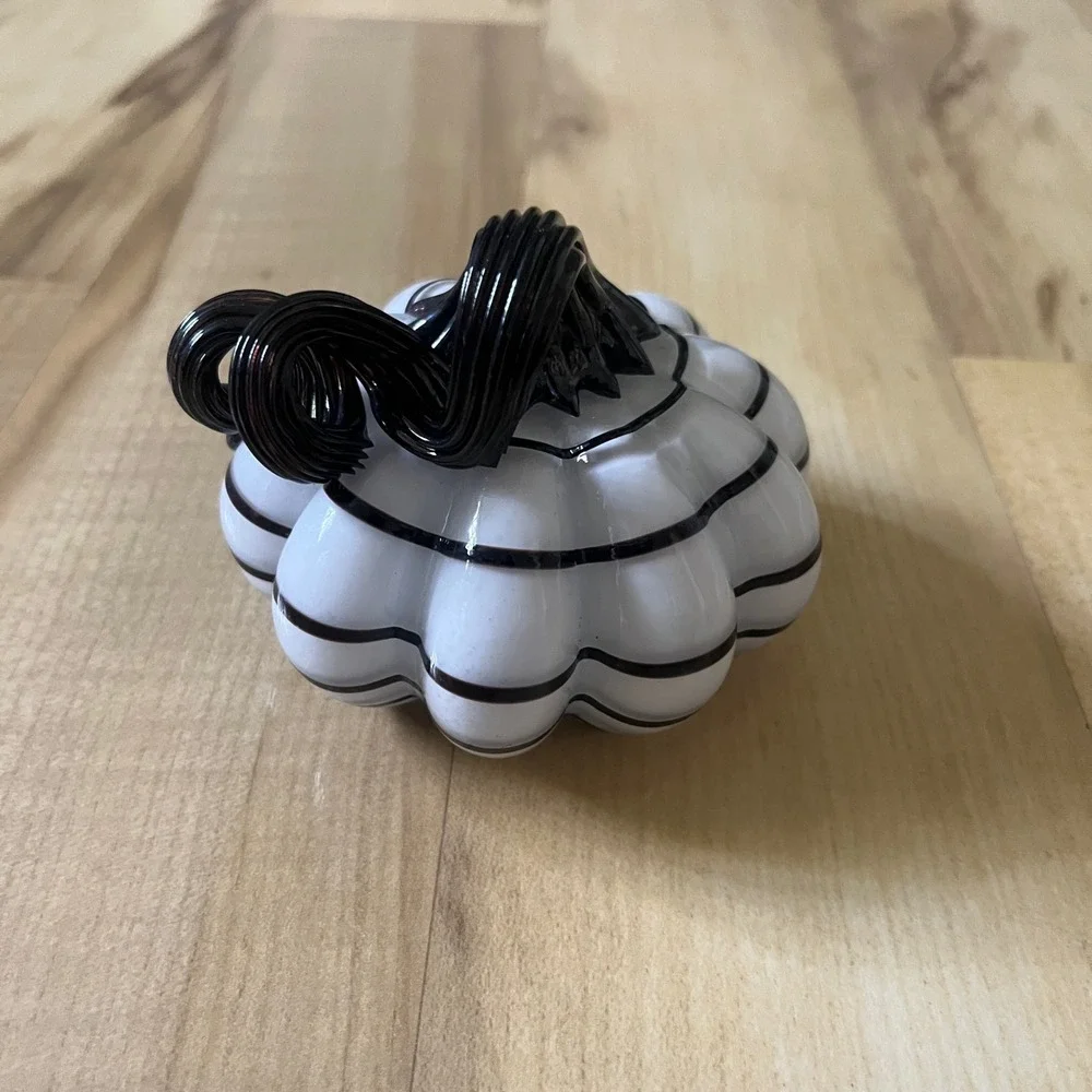 Hand Blown Glass Pumpkin Halloween White Black Fall Home Decor Gothic Spooky